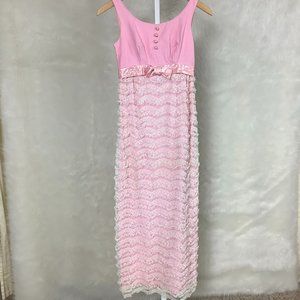 Vintage 1960s Sleeveless Pink Tiered White Lace Empire Waist Dress XXS